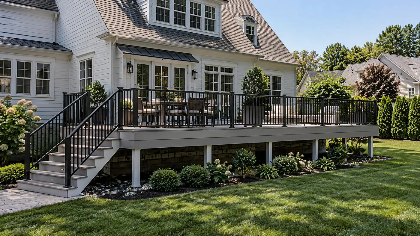Composite deck with black railing Concept rendering: composite deck with black railing and stairs behind a gray home in Wilmington, DE