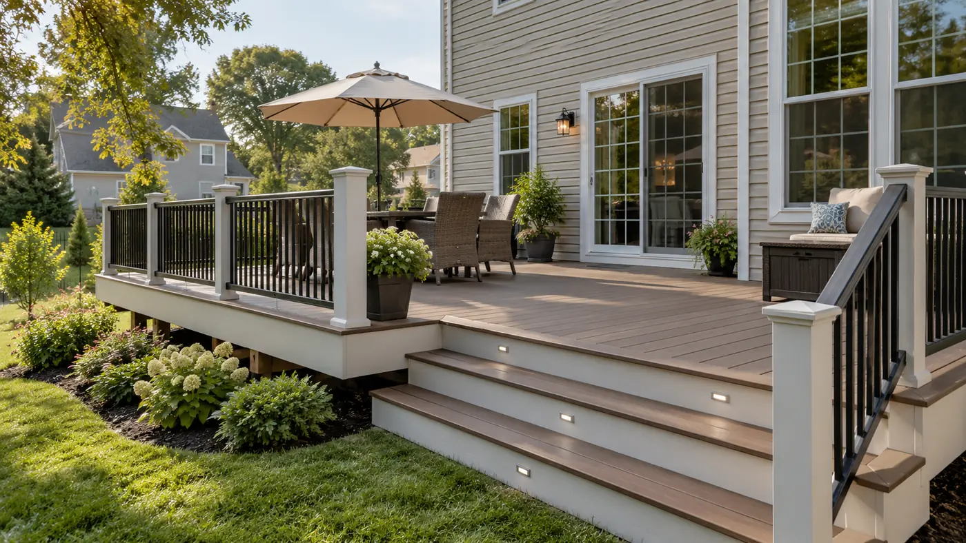 Composite deck with wide steps Concept rendering: composite deck with lounge chairs, an umbrella, wide steps and deck lighting in Wilmington, DE