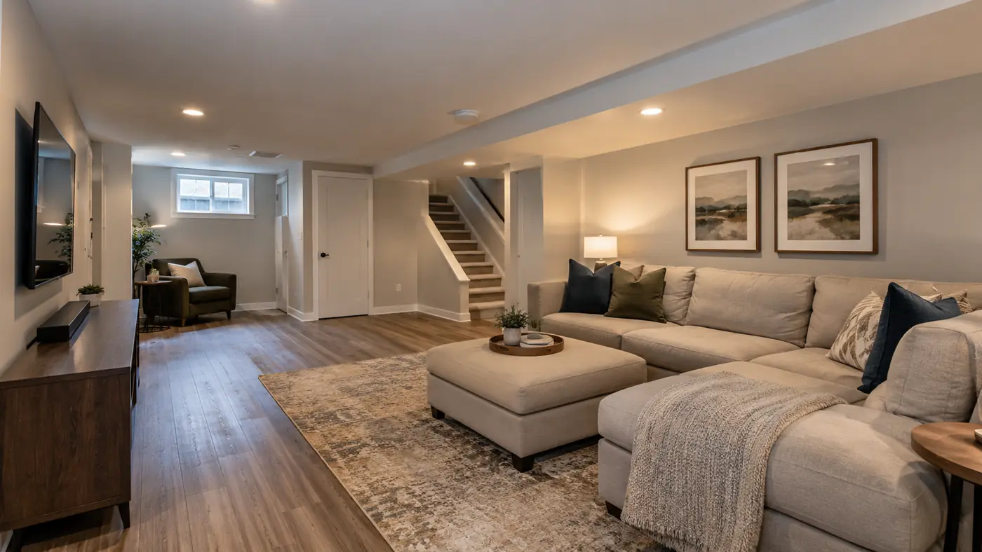 Finished basement family room Concept rendering: finished basement family room with a gray sectional, TV wall and wood-look floors in Wilmington, DE