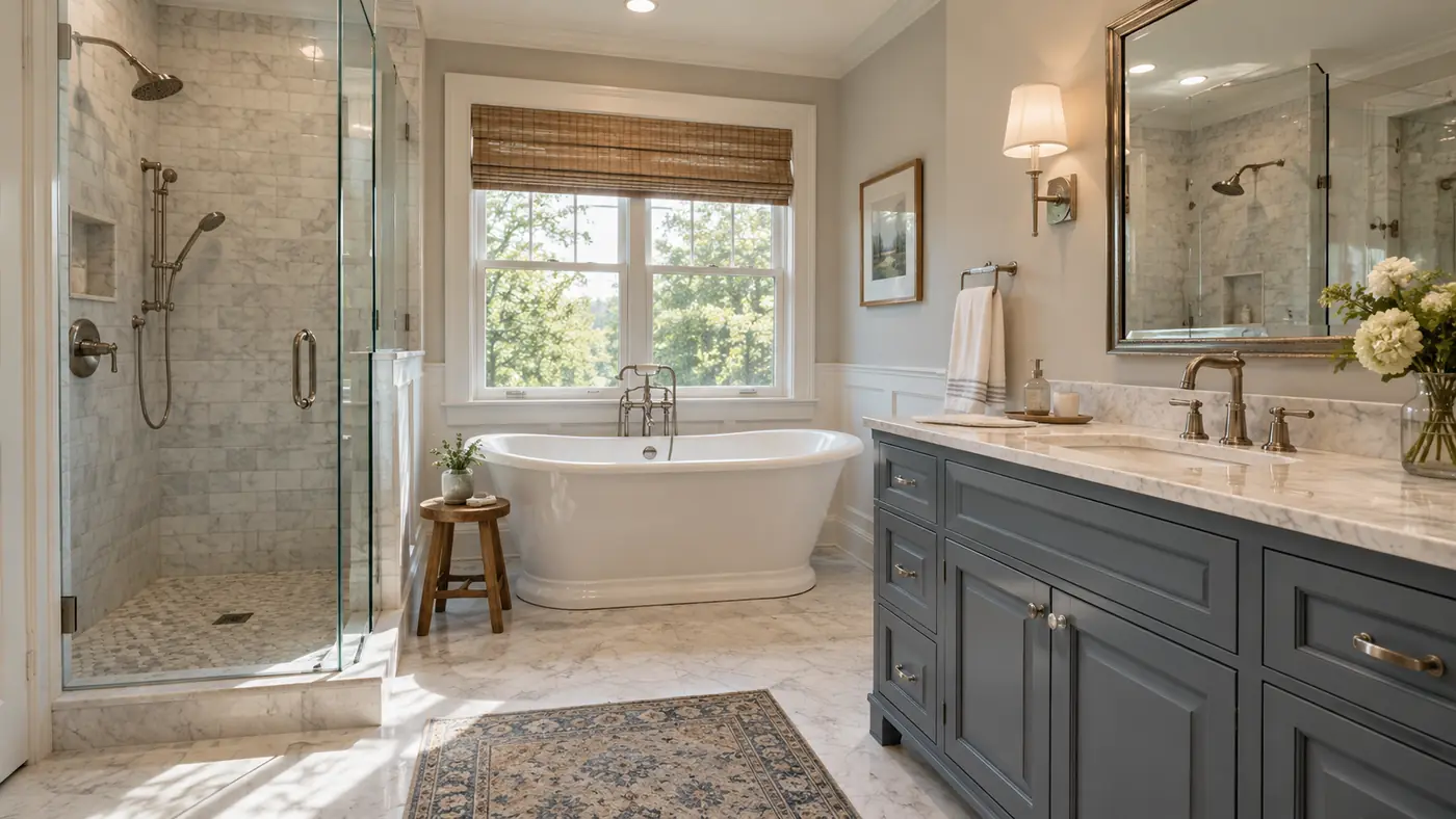 Freestanding tub and glass shower Concept rendering: primary bathroom with a freestanding tub, glass shower and navy vanity in Wilmington, DE