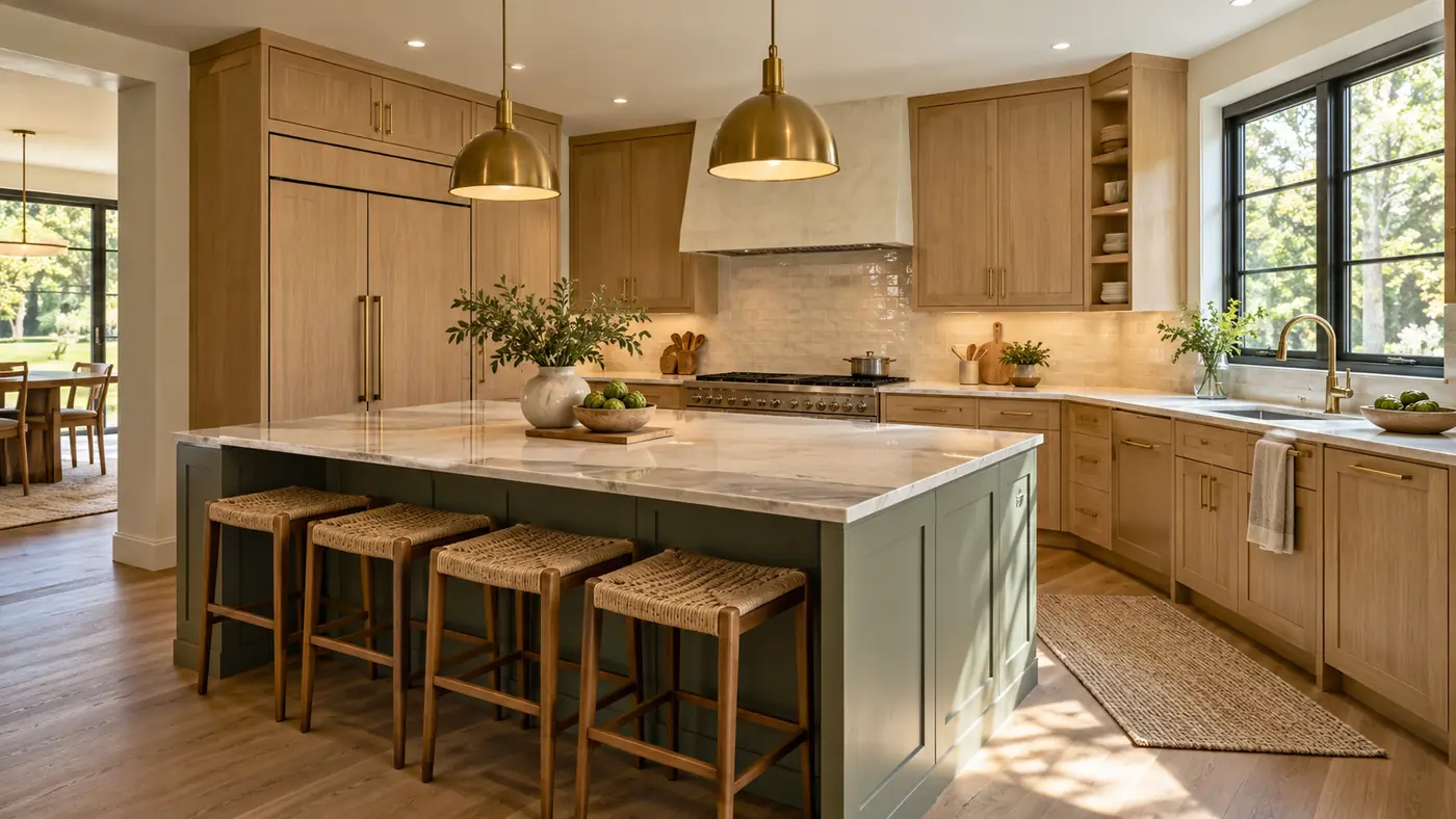 Oak cabinet kitchen Concept rendering: kitchen remodel with light oak cabinets, a marble island and bar stools in Wilmington, DE