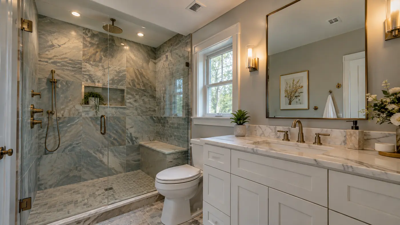 Marble walk-in shower bath Concept rendering: bathroom remodel with a marble tile walk-in shower and white vanity in Wilmington, DE