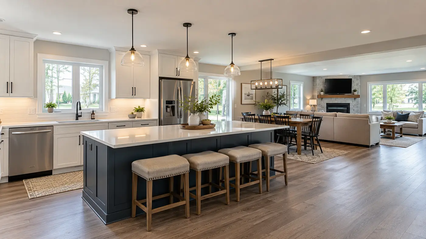 Open-concept kitchen and living room Concept rendering: open-concept kitchen with a navy island flowing into the living room in Wilmington, DE