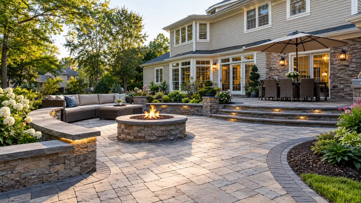 Paver patio with fire pit Concept rendering: paver patio with a stone fire pit and curved seat wall at dusk in Wilmington, DE