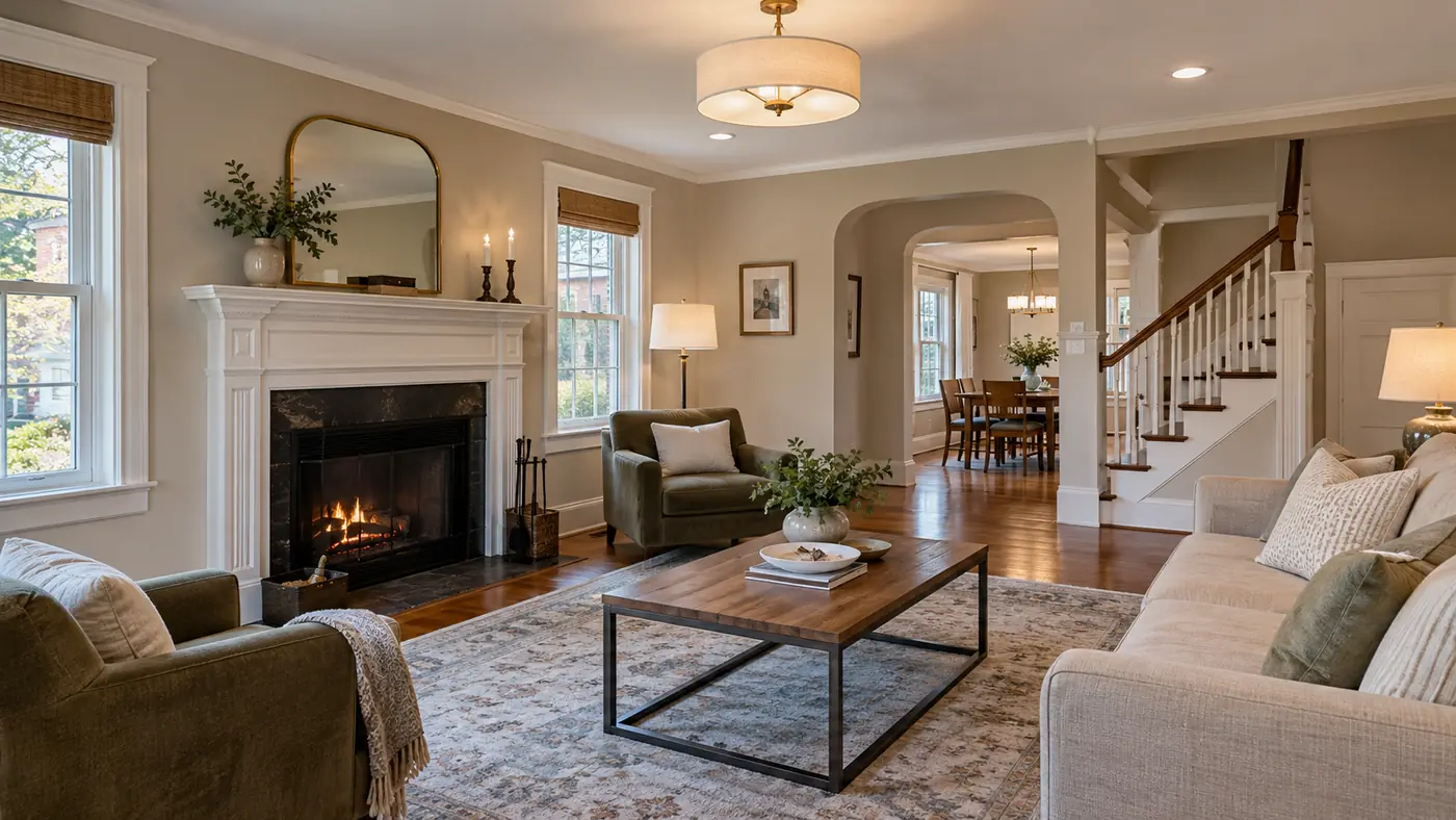Renovated living room Concept rendering: renovated living room with a fireplace opening to the dining room and staircase in Wilmington, DE