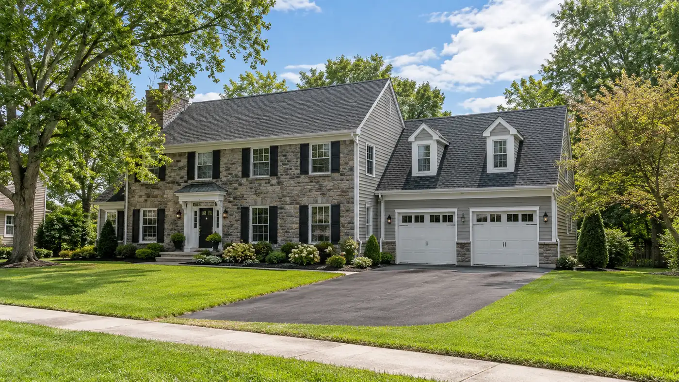 Two-car garage addition Concept rendering: two-car garage addition on a stone and siding colonial with a long driveway in Wilmington, DE