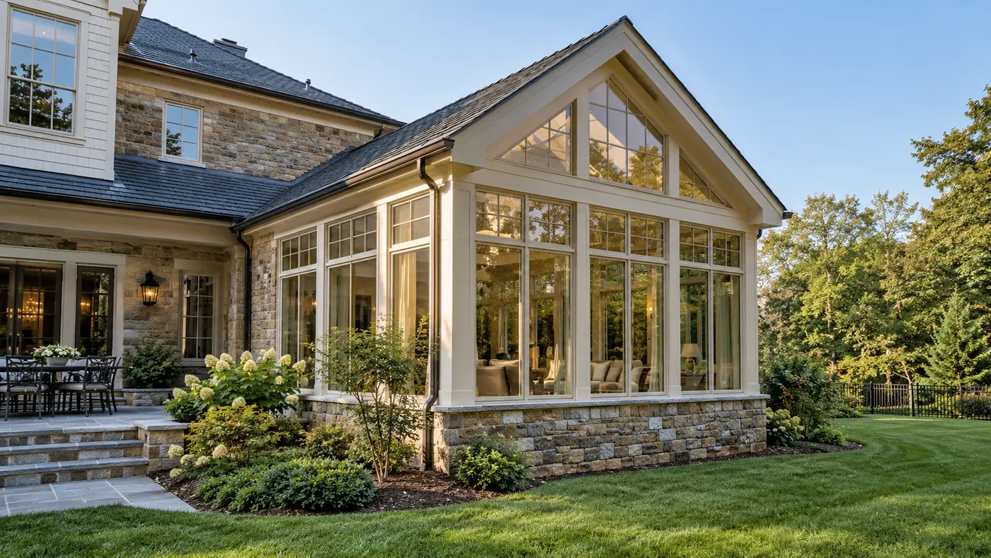 Vaulted sunroom addition Concept rendering: vaulted sunroom addition with tall windows and a stone base in Wilmington, DE