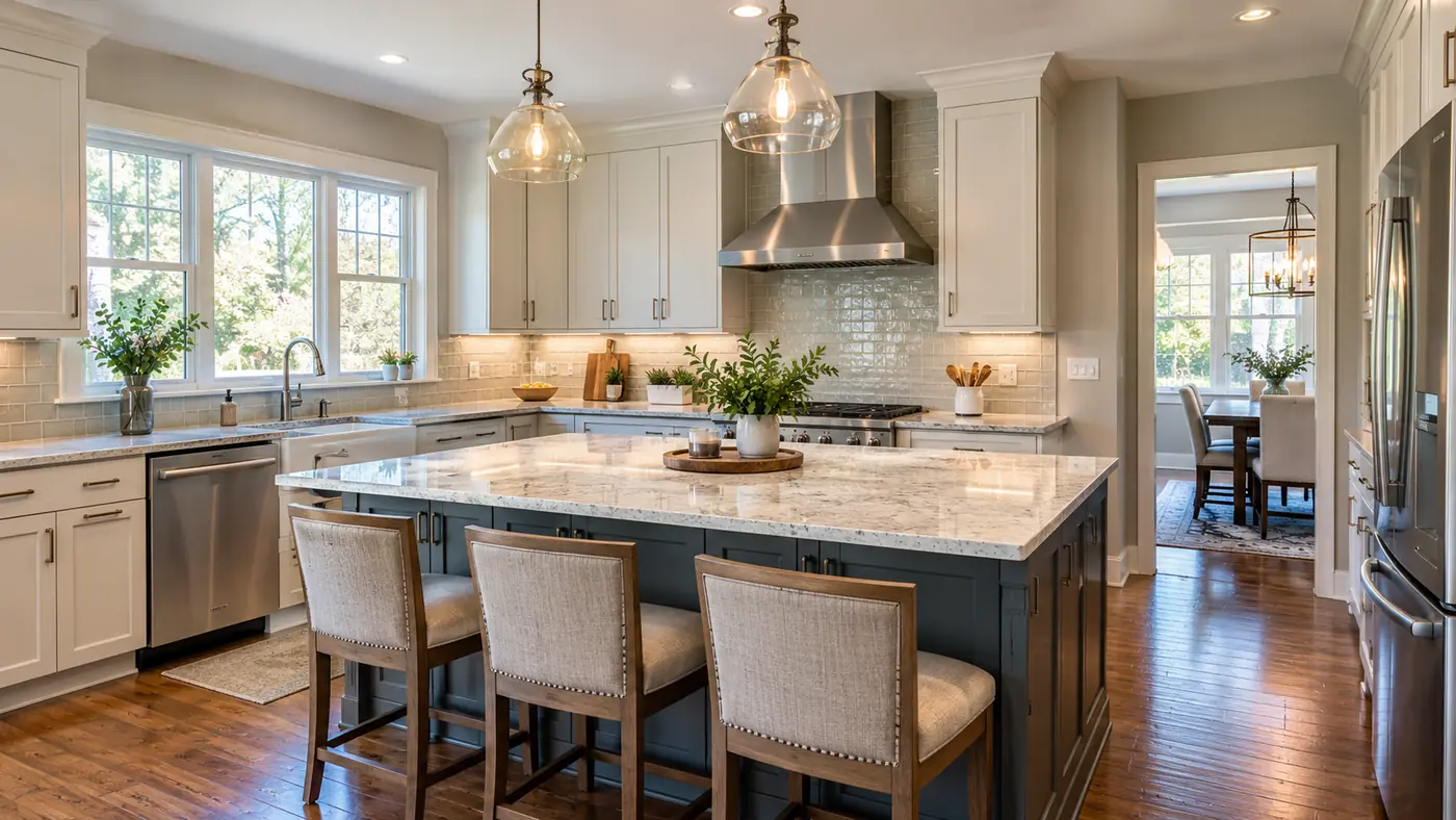 White kitchen with dining nook Concept rendering: bright white kitchen with a navy island, pendant lights and a dining nook in Wilmington, DE